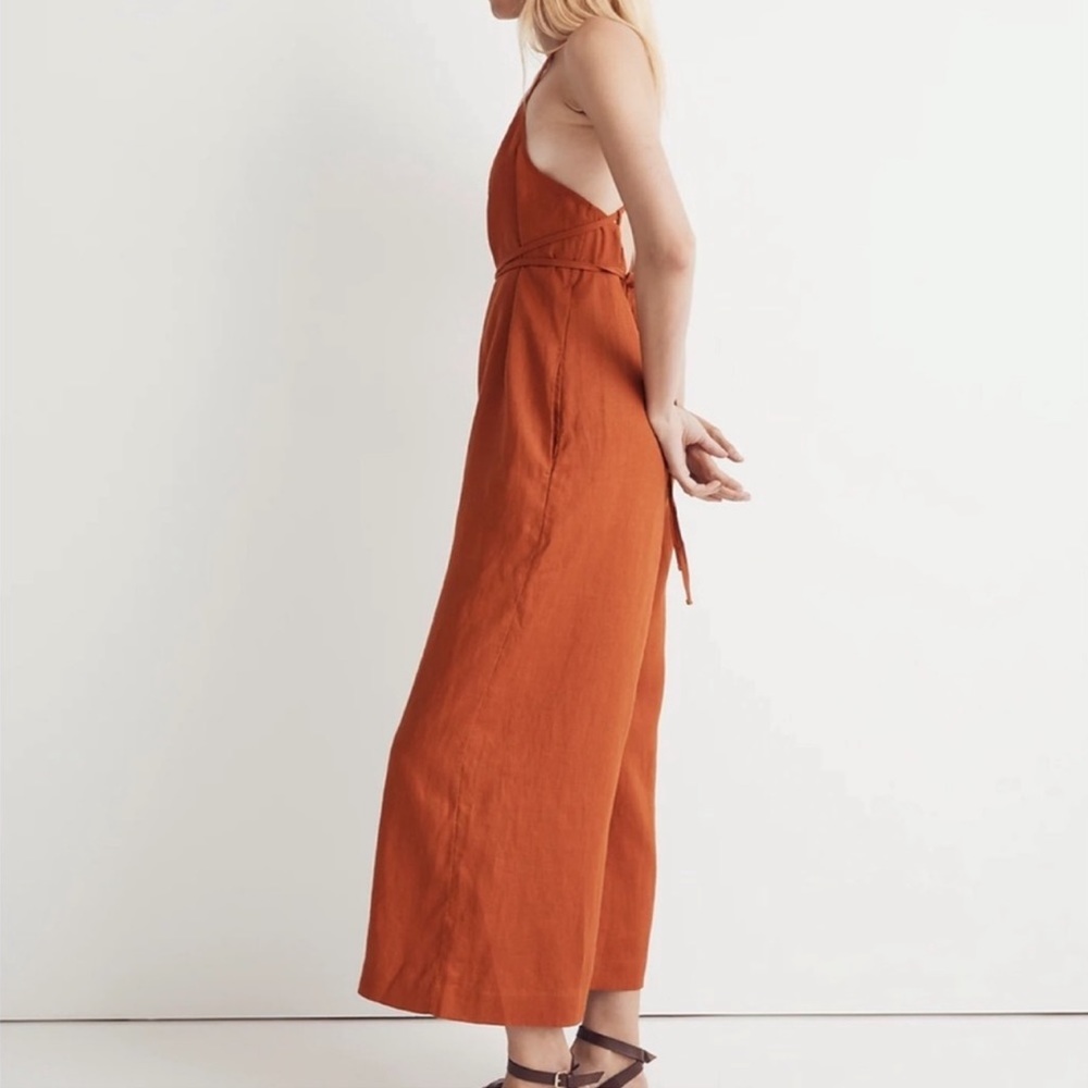 Madewell 100% Linen Tie Waist Wide-Leg Jumpsuit in Rusted Orange - Picture 2 of 8